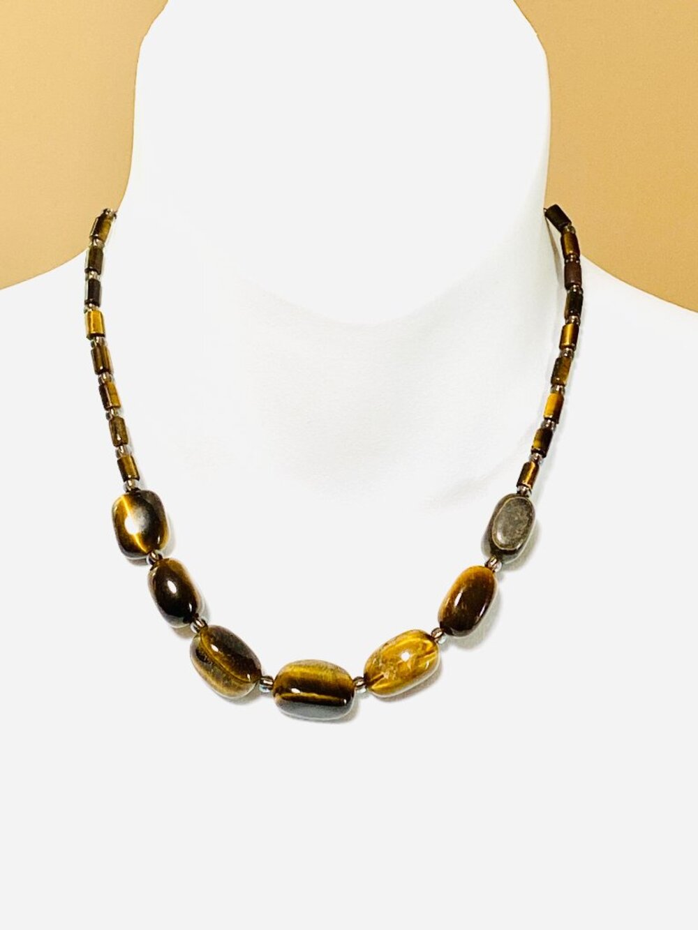 Natural Tiger's Eye Short Necklace,Genuine Tumbled Gemstone Beaded Necklace
